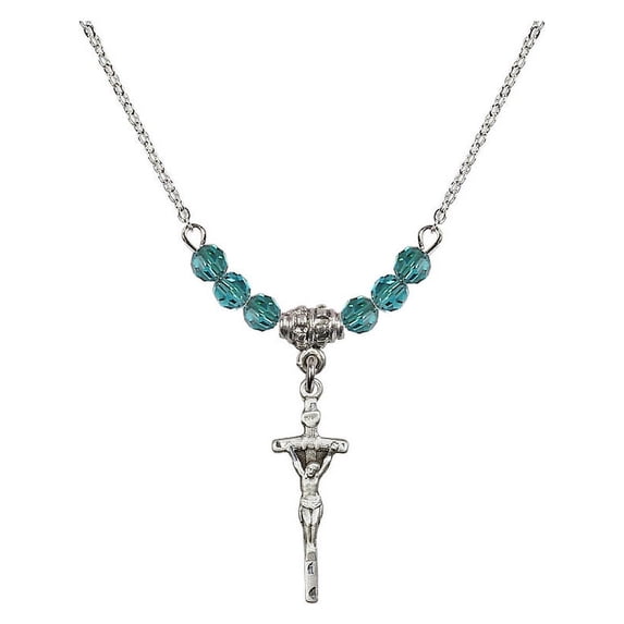 18-Inch Rhodium Plated Necklace with 4mm Blue December Birth Month Stone Beads and Papal Crucifix Charm