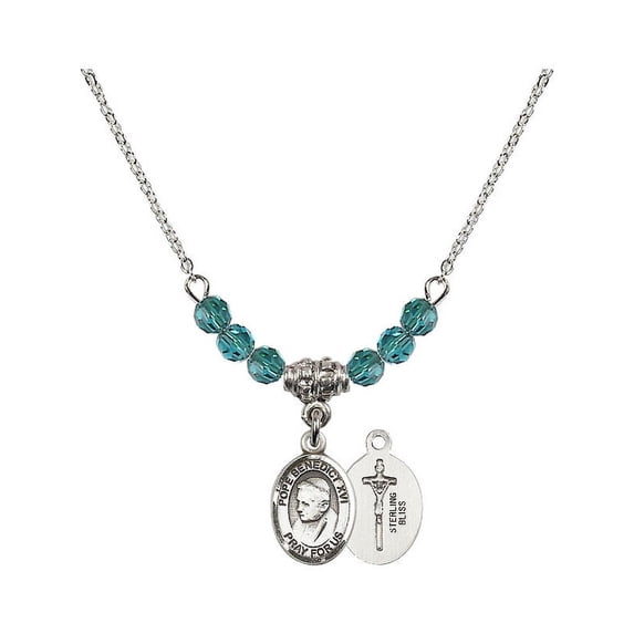 18-Inch Rhodium Plated Necklace with 4mm Blue December Birth Month Stone Beads and Pope Emeritus Benedict XVI Charm