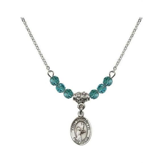 18-Inch Rhodium Plated Necklace with 4mm Blue December Birth Month Stone Beads and Saint Bernadette Charm