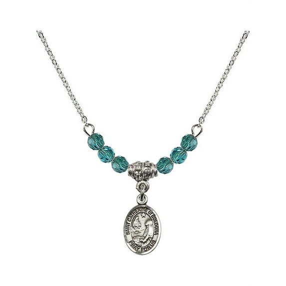 18-Inch Rhodium Plated Necklace with 4mm Blue December Birth Month Stone Beads and Saint Catherine of Bologna Charm