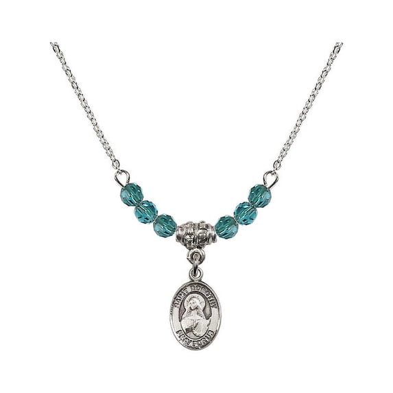 18-Inch Rhodium Plated Necklace with 4mm Blue December Birth Month Stone Beads and Saint Dorothy Charm