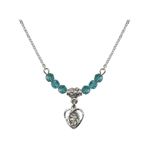 18-Inch Rhodium Plated Necklace with 4mm Blue December Birth Month Stone Beads and Saint Christopher Charm