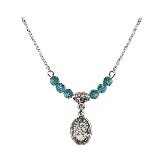 18-Inch Rhodium Plated Necklace with 4mm Blue December Birth Month Stone Beads and Saint Gabriel Possenti Charm
