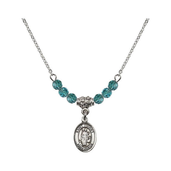 18-Inch Rhodium Plated Necklace with 4mm Blue December Birth Month Stone Beads and Saint Hubert of Liege Charm