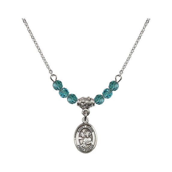 18-Inch Rhodium Plated Necklace with 4mm Blue December Birth Month Stone Beads and Saint Mark the Evangelist Charm