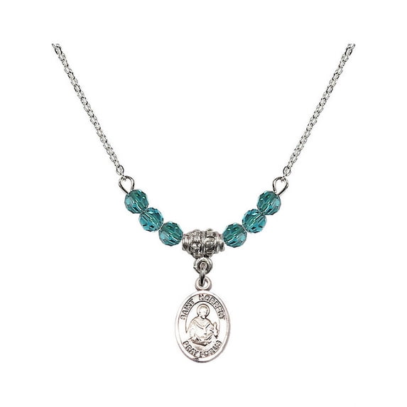 18-Inch Rhodium Plated Necklace with 4mm Blue December Birth Month Stone Beads and Saint Norbert of Xanten Charm