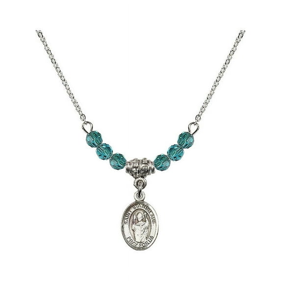 18-Inch Rhodium Plated Necklace with 4mm Blue December Birth Month Stone Beads and Saint Stanislaus Charm