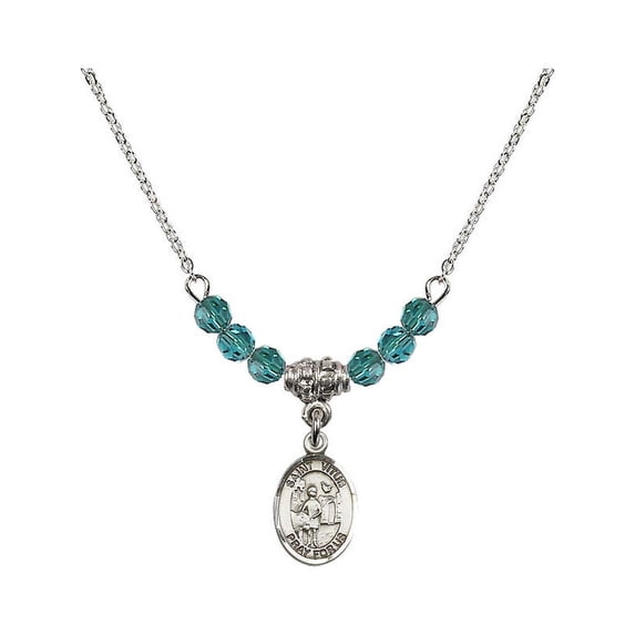 18-Inch Rhodium Plated Necklace with 4mm Blue December Birth Month Stone Beads and Saint Vitus Charm