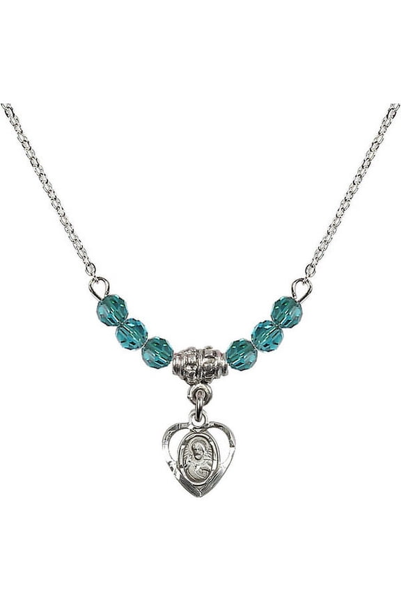 18-Inch Rhodium Plated Necklace with 4mm Blue December Birth Month Stone Beads and Scapular Charm