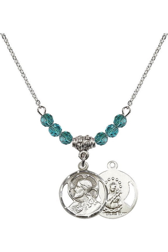 18-Inch Rhodium Plated Necklace with 4mm Blue December Birth Month Stone Beads and Scapular Charm