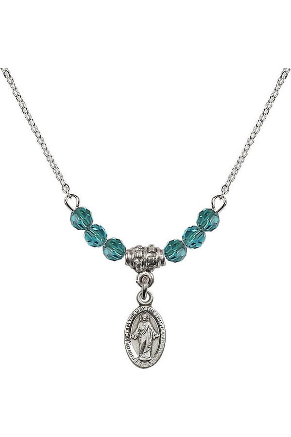 18-Inch Rhodium Plated Necklace with 4mm Blue December Birth Month Stone Beads and Scapular Charm