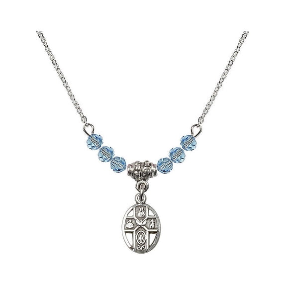 18-Inch Rhodium Plated Necklace with 4mm Blue March Birth Month Stone Beads and 5-Way Charm