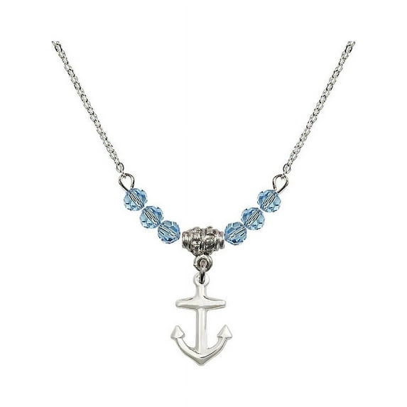 18-Inch Rhodium Plated Necklace with 4mm Blue March Birth Month Stone Beads and Anchor Charm