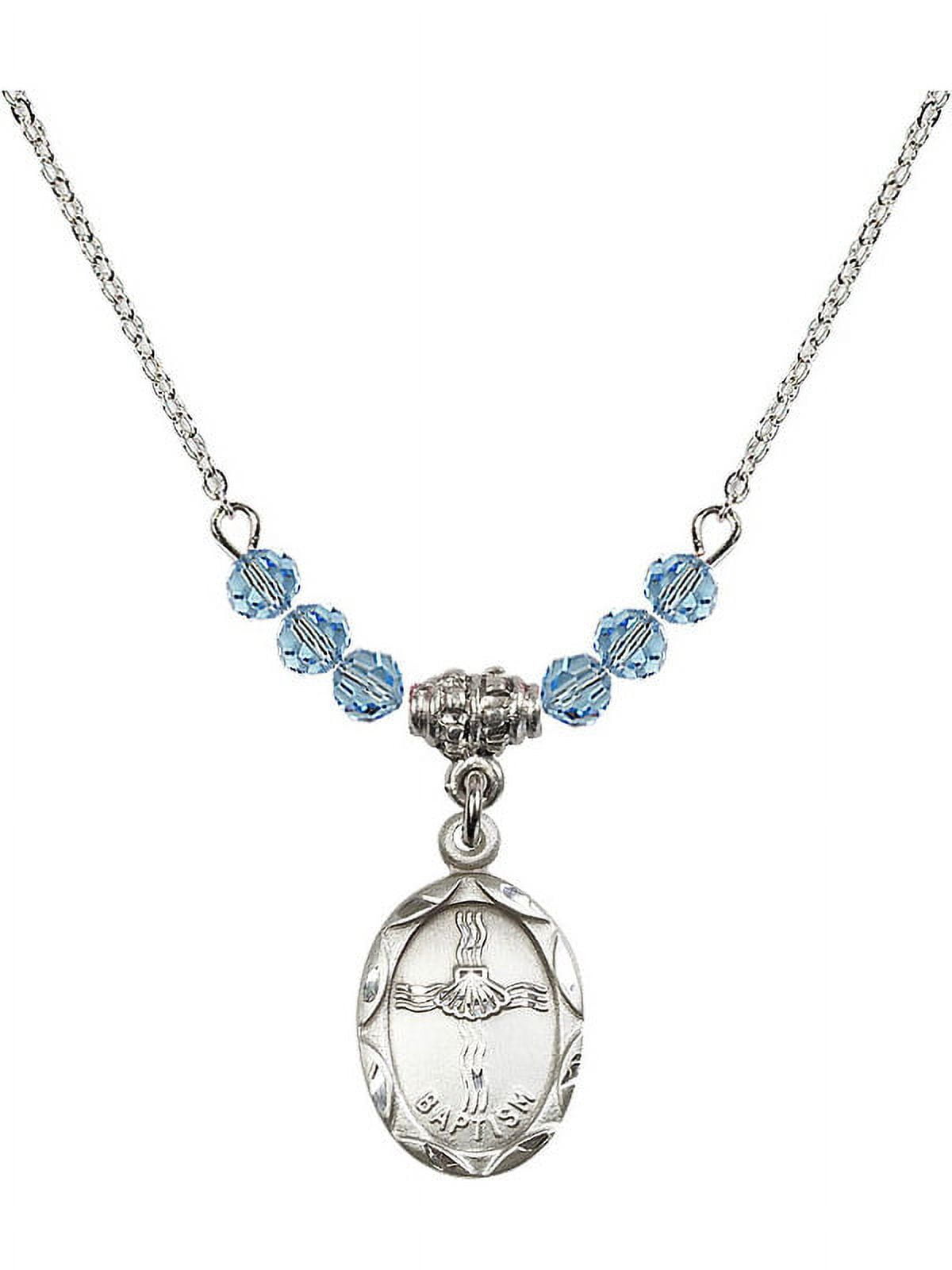 18-Inch Rhodium Plated Necklace with 4mm Blue March Birth Month Stone Beads and Baptism Charm