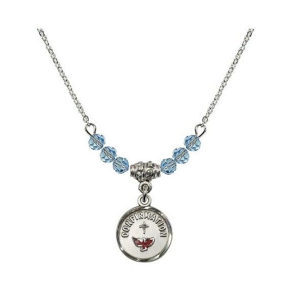 18-Inch Rhodium Plated Necklace with 4mm Blue March Birth Month Stone Beads and Confirmation Charm