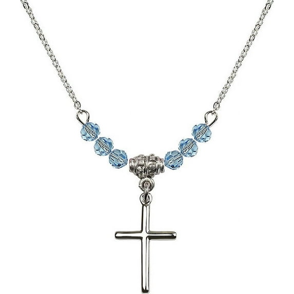18-Inch Rhodium Plated Necklace with 4mm Blue March Birth Month Stone Beads and Cross Charm