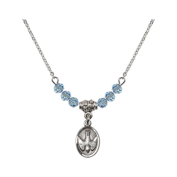 18-Inch Rhodium Plated Necklace with 4mm Blue March Birth Month Stone Beads and Holy Spirit Charm