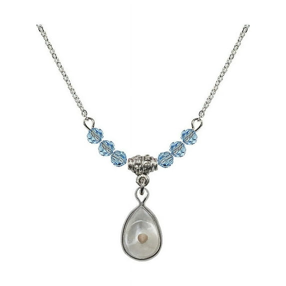 18-Inch Rhodium Plated Necklace with 4mm Blue March Birth Month Stone Beads and Mustard Seed Charm
