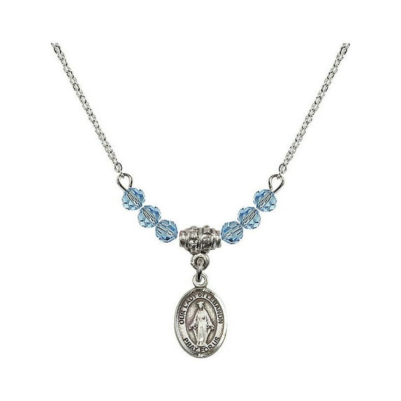 18-Inch Rhodium Plated Necklace with 4mm Blue March Birth Month Stone Beads and Our Lady of Lebanon Charm