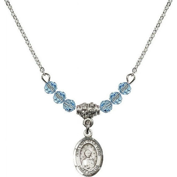 18-Inch Rhodium Plated Necklace with 4mm Blue March Birth Month Stone Beads and Our Lady of la Vang Charm