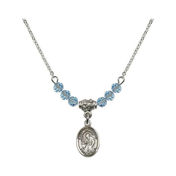 18-Inch Rhodium Plated Necklace with 4mm Blue March Birth Month Stone Beads and Saint Alphonsus Charm