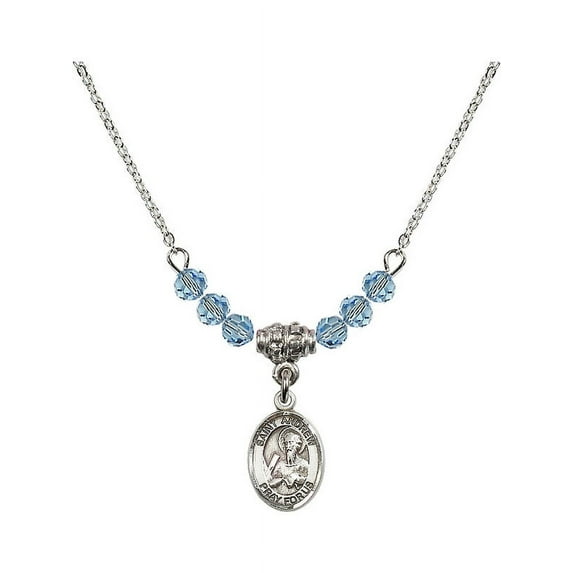 18-Inch Rhodium Plated Necklace with 4mm Blue March Birth Month Stone Beads and Saint Andrew the Apostle Charm
