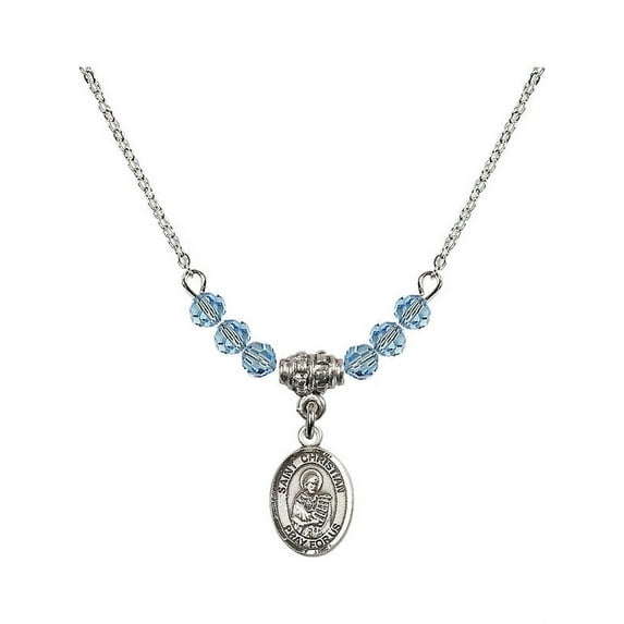 18-Inch Rhodium Plated Necklace with 4mm Blue March Birth Month Stone Beads and Saint Christian Demosthenes Charm