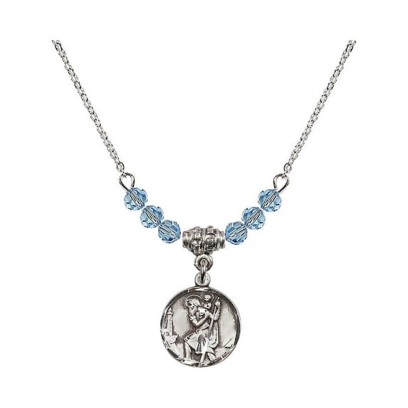 18-Inch Rhodium Plated Necklace with 4mm Blue March Birth Month Stone Beads and Saint Christopher Charm