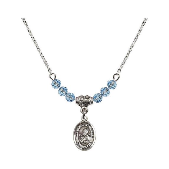 18-Inch Rhodium Plated Necklace with 4mm Blue March Birth Month Stone Beads and Saint Francis Xavier Charm