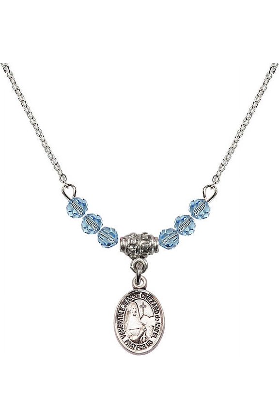 18-Inch Rhodium Plated Necklace with 4mm Blue March Birth Month Stone Beads and Saint Jeanne Chezard de Matel Charm