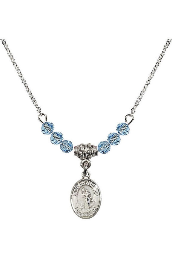 18-Inch Rhodium Plated Necklace with 4mm Blue March Birth Month Stone Beads and Saint Joan of Arc Charm