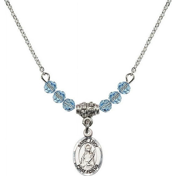 18-Inch Rhodium Plated Necklace with 4mm Blue March Birth Month Stone Beads and Saint Lucy Charm