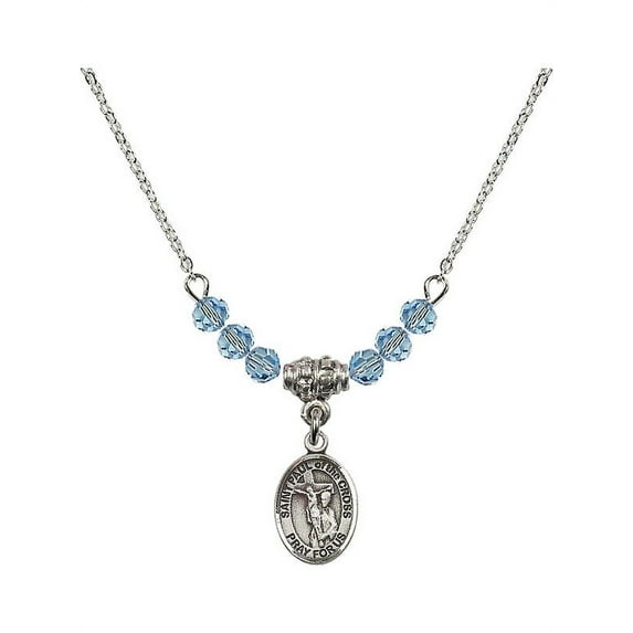 18-Inch Rhodium Plated Necklace with 4mm Blue March Birth Month Stone Beads and Saint Paul of the Cross Charm