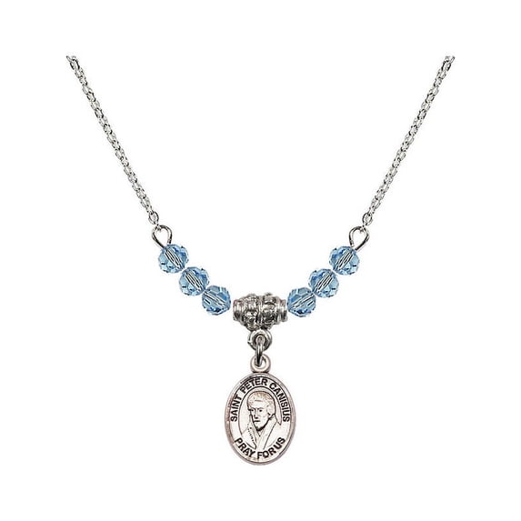 18-Inch Rhodium Plated Necklace with 4mm Blue March Birth Month Stone Beads and Saint Peter Canisius Charm