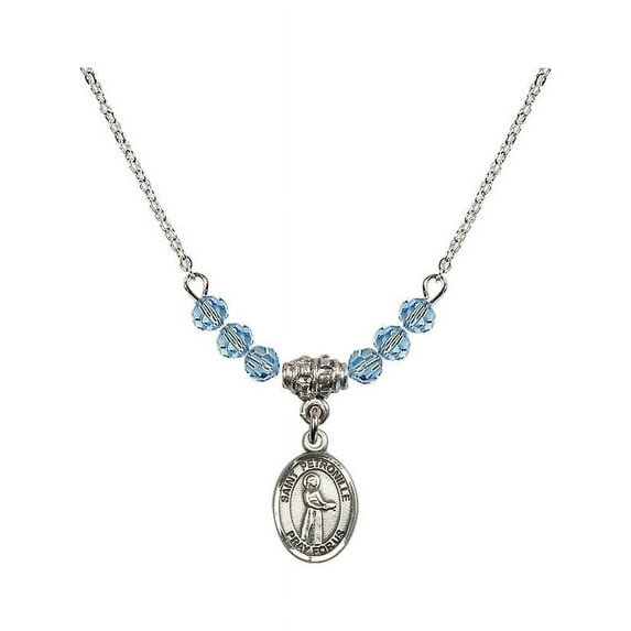 18-Inch Rhodium Plated Necklace with 4mm Blue March Birth Month Stone Beads and Saint Petronille Charm