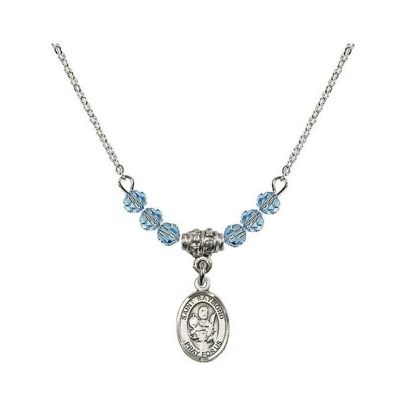18-Inch Rhodium Plated Necklace with 4mm Blue March Birth Month Stone Beads and Saint Raymond Nonnatus Charm
