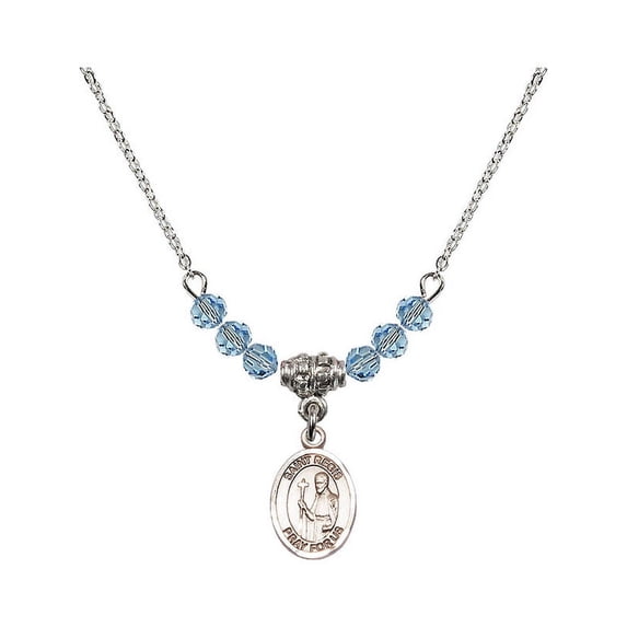 18-Inch Rhodium Plated Necklace with 4mm Blue March Birth Month Stone Beads and Saint Regis Charm
