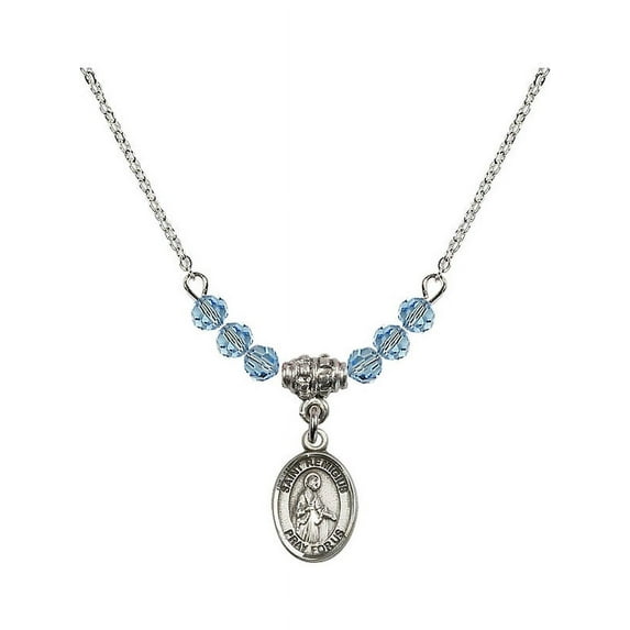 18-Inch Rhodium Plated Necklace with 4mm Blue March Birth Month Stone Beads and Saint Remigius of Reims Charm