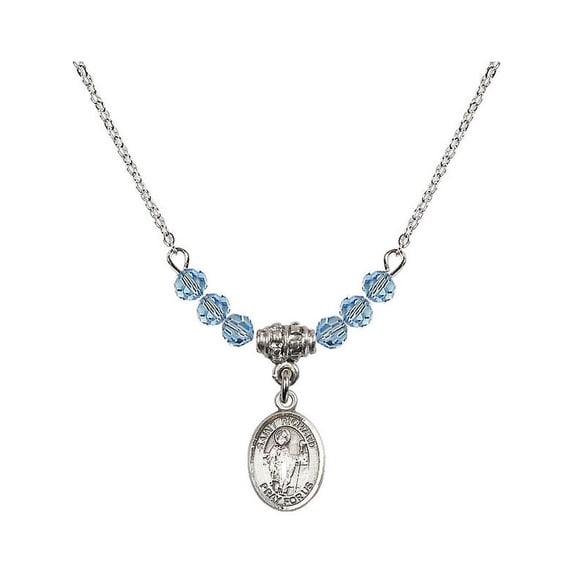 18-Inch Rhodium Plated Necklace with 4mm Blue March Birth Month Stone Beads and Saint Richard Charm