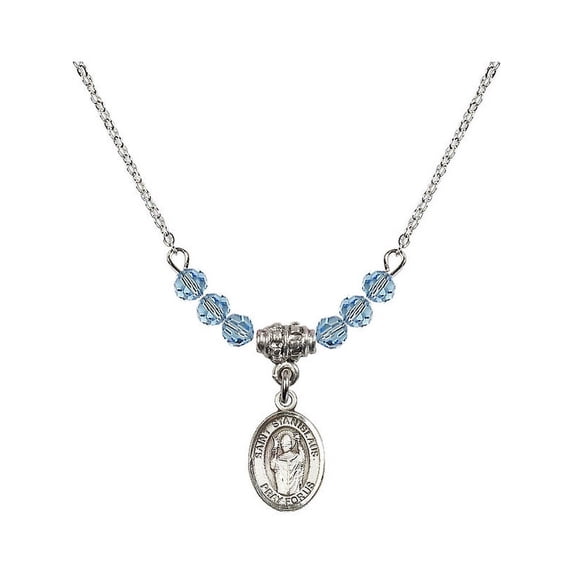 18-Inch Rhodium Plated Necklace with 4mm Blue March Birth Month Stone Beads and Saint Stanislaus Charm