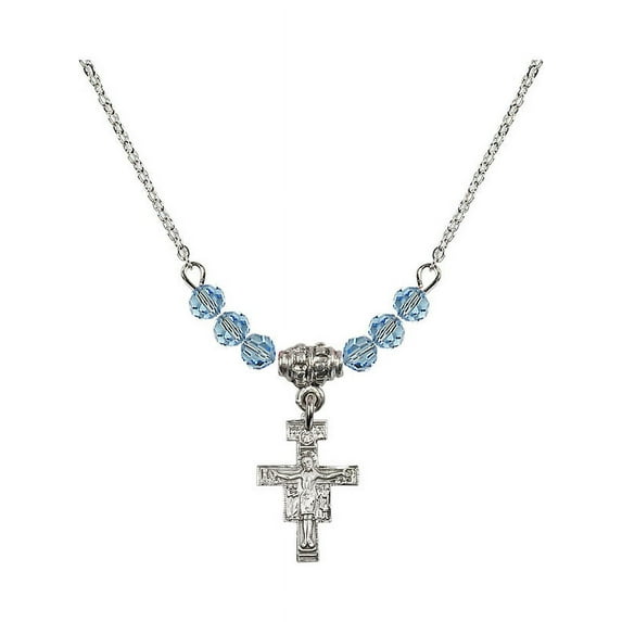 18-Inch Rhodium Plated Necklace with 4mm Blue March Birth Month Stone Beads and San Damiano Crucifix Charm