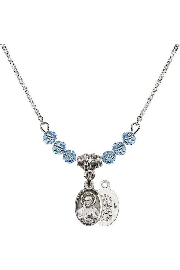 18-Inch Rhodium Plated Necklace with 4mm Blue March Birth Month Stone Beads and Scapular Charm