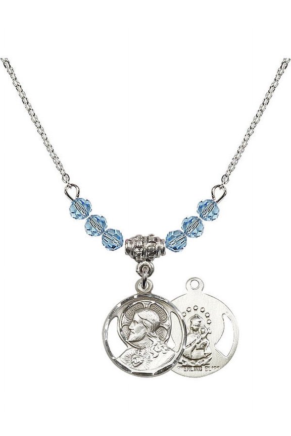 18-Inch Rhodium Plated Necklace with 4mm Blue March Birth Month Stone Beads and Scapular Charm