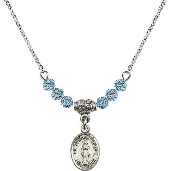 18-Inch Rhodium Plated Necklace with 4mm Blue March Birth Month Stone Beads and Virgin of the Globe Charm