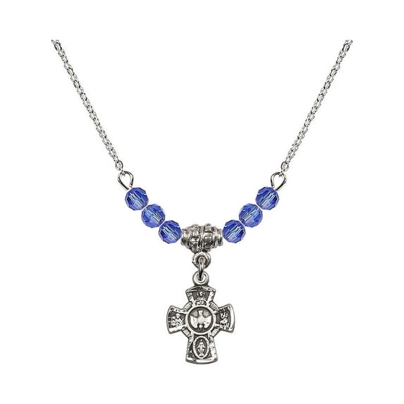 18-Inch Rhodium Plated Necklace with 4mm Blue September Birth Month Stone Beads and 5-Way Charm