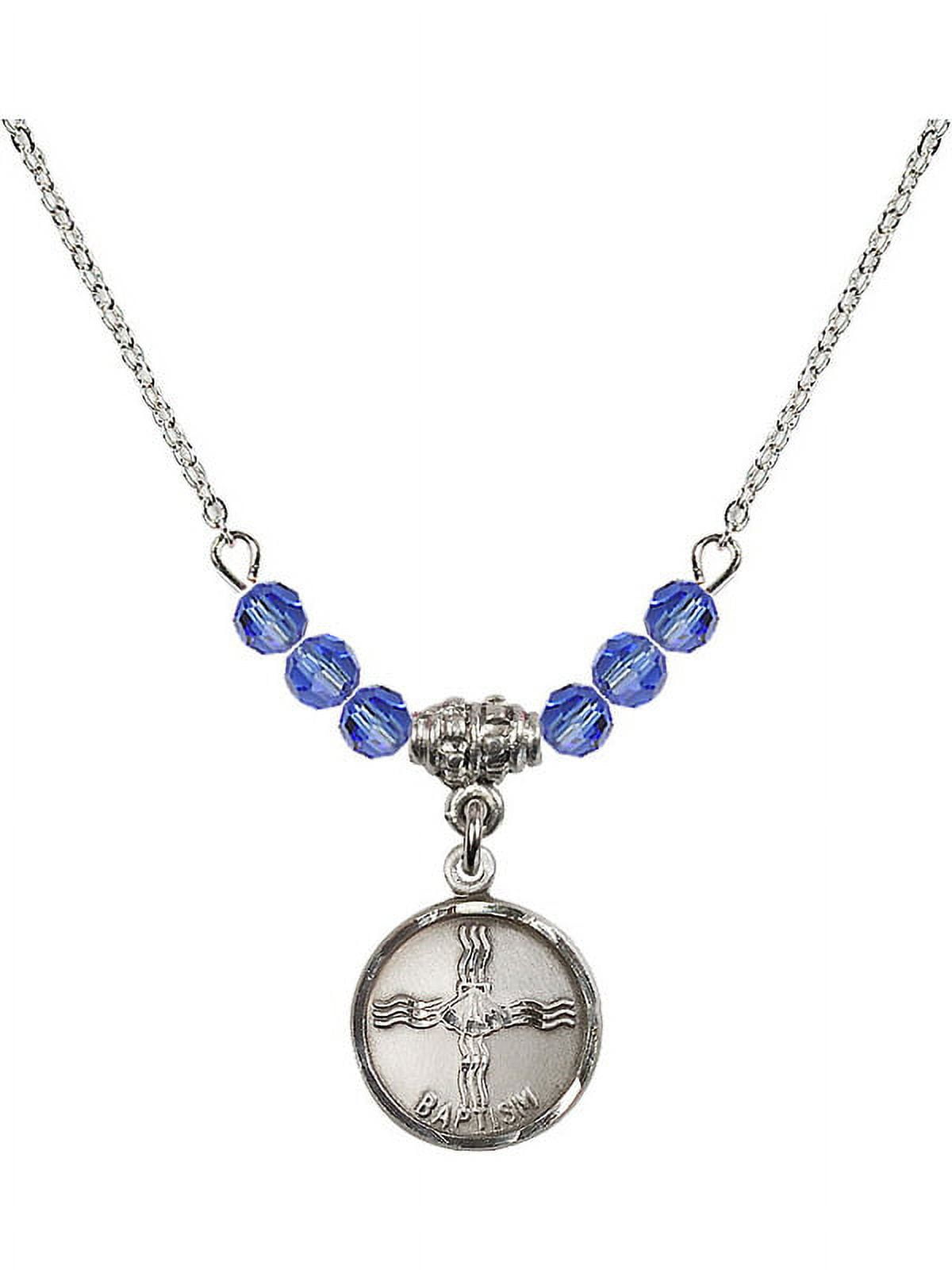 18-Inch Rhodium Plated Necklace with 4mm Blue September Birth Month Stone Beads and Baptism Charm