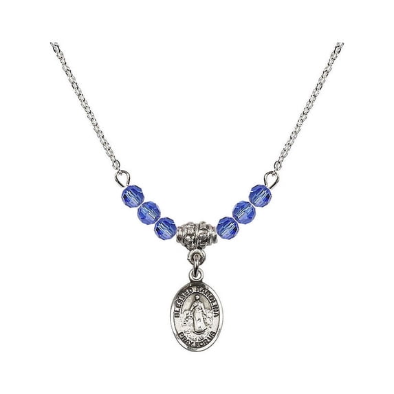 18-Inch Rhodium Plated Necklace with 4mm Blue September Birth Month Stone Beads and Blessed Karolina Kozkowna Charm