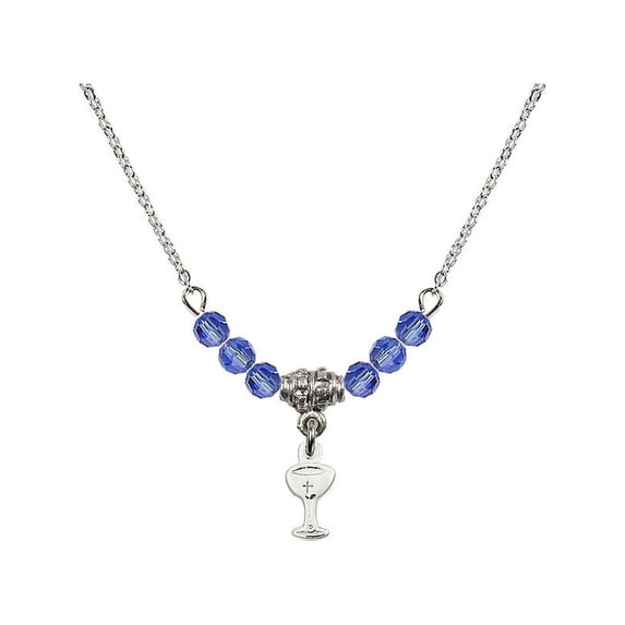 18-Inch Rhodium Plated Necklace with 4mm Blue September Birth Month Stone Beads and Chalice Charm