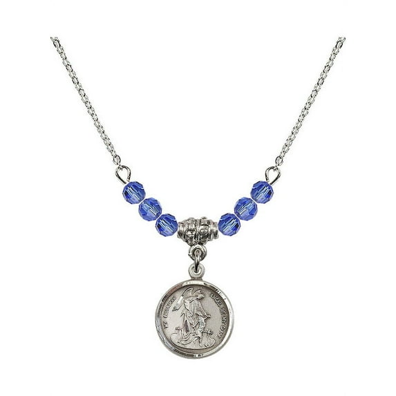 18-Inch Rhodium Plated Necklace with 4mm Blue September Birth Month Stone Beads and Guardian Angel Charm