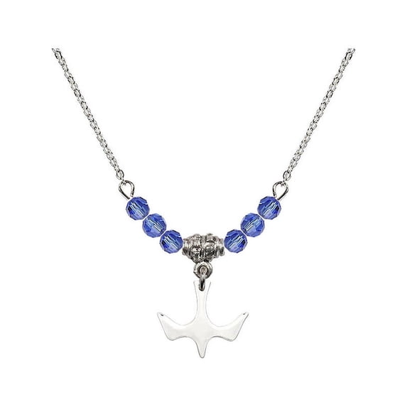 18-Inch Rhodium Plated Necklace with 4mm Blue September Birth Month Stone Beads and Holy Spirit Charm